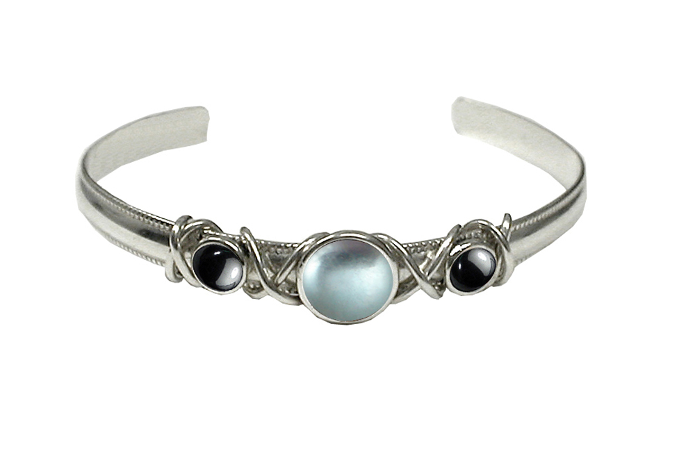 Sterling Silver Hand Made Cuff Bracelet With Blue Topaz And Hematite